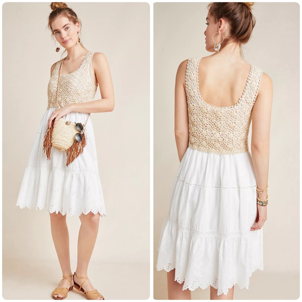 Anthropologie Womens Brittney Crochet Top Eyelet Boho Cottagecore Tiered Dress S